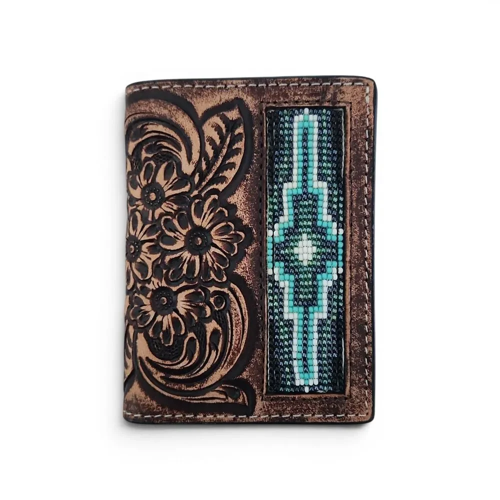 Ranger Belt Co H1020T Trifold Wallet Tooled Leather Beaded Western Brown NIB
